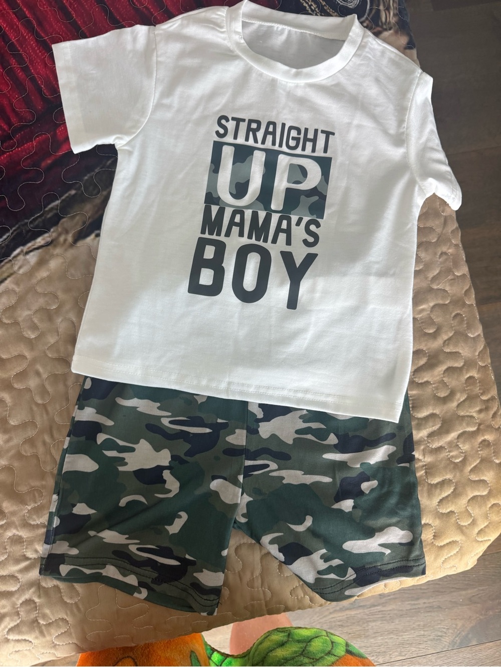 White Graphic Tee & Green Camo Shorts Kids Set - Mama's Boy